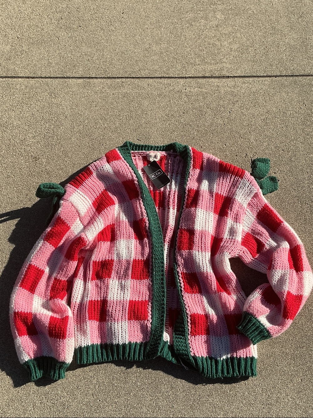 BiBi Pink and Red Checkered Knit Cardigan with Green Trim